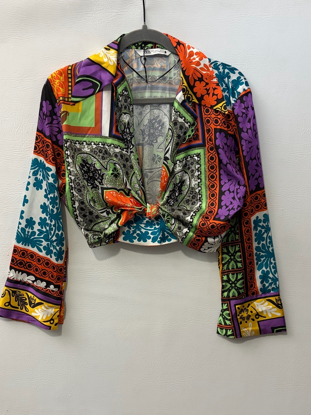 Zara Multicolor Paisley Tie-Front Crop Blouse Small
